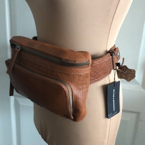 SPIKES & SPARROW Leather Belt Bag With Front Zip Pocket Camel Brown - Picture 9 of 16